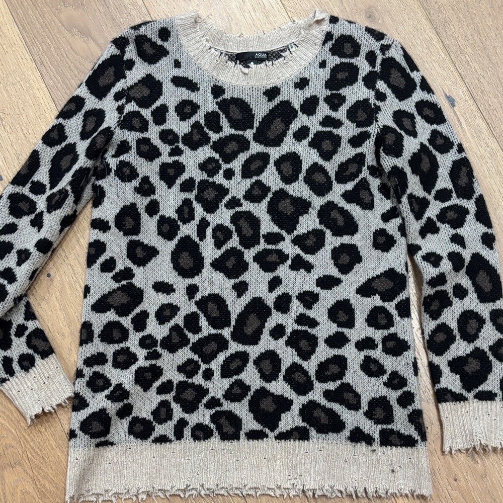 Aqua cashmere Leopard Print Sweater - Black and Cream- distressed look